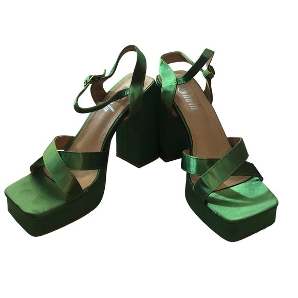 BRIGHT Green Satin Platform Strappy Sandals, Size 8.5 - Picture 3 of 13